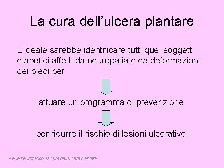 La cura dell’ulcera plantare L’ideale sarebbe identificare tutti quei soggetti diabetici affetti da neuropatia