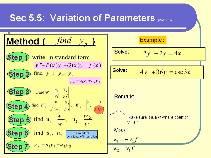 Sec 5. 5: Variation of Parameters Method ( (2 ed order) ) Solve: Step