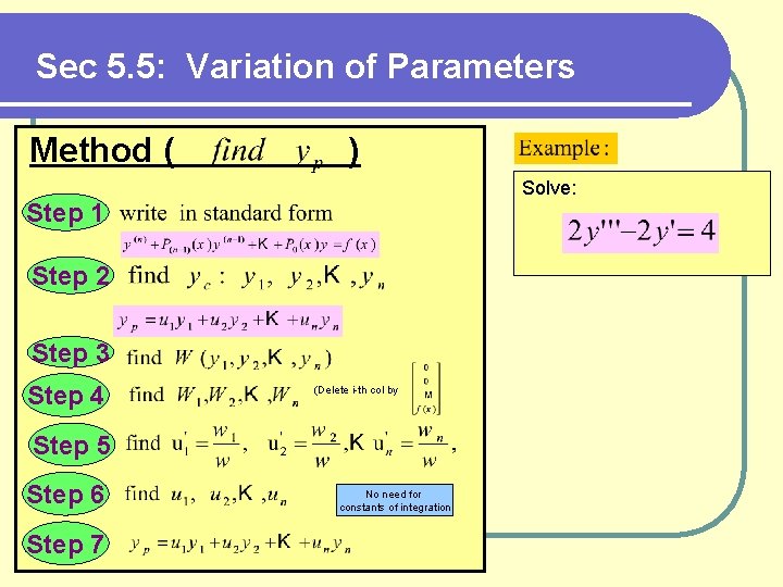 Sec 5. 5: Variation of Parameters Method ( ) Solve: Step 1 Step 2