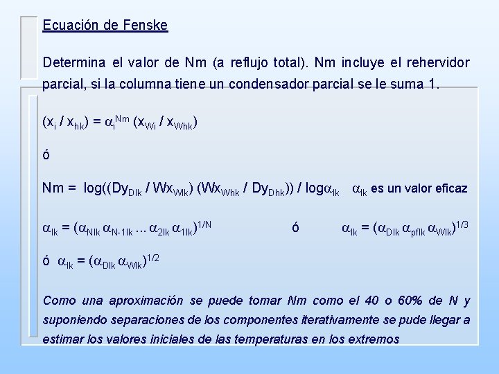 Ecuación de Fenske Determina el valor de Nm (a reflujo total). Nm incluye el