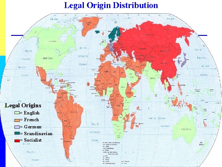 Legal Origin Distribution Legal Origins = English = French = German = Scandinavian =