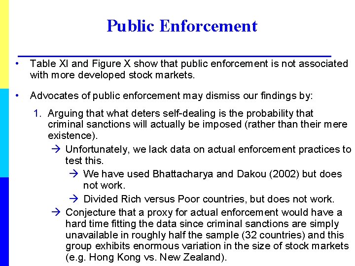 Public Enforcement • Table XI and Figure X show that public enforcement is not