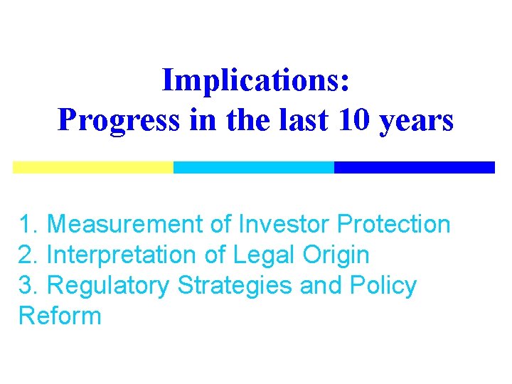 Implications: Progress in the last 10 years 1. Measurement of Investor Protection 2. Interpretation