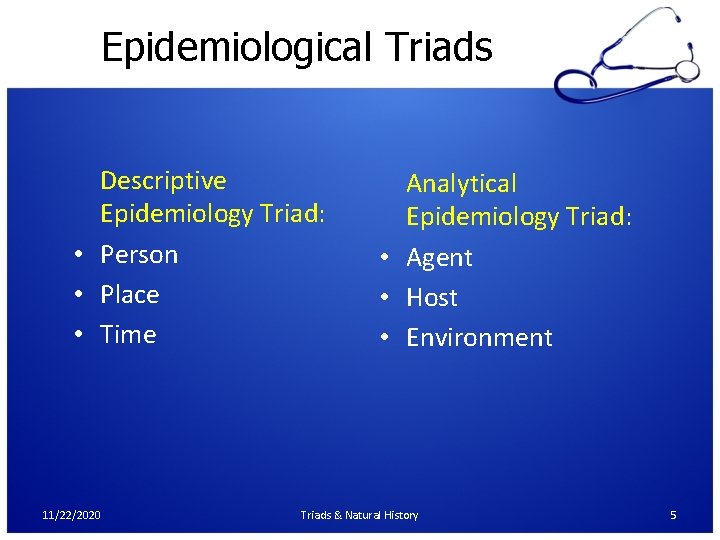 Epidemiological Triads Descriptive Epidemiology Triad: • Person • Place • Time 11/22/2020 Analytical Epidemiology