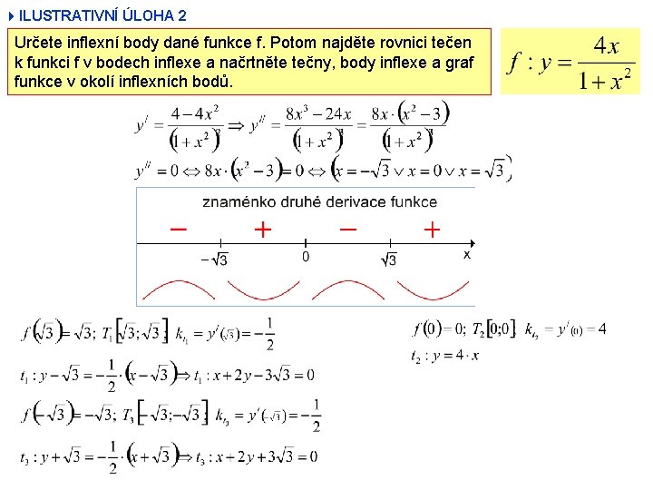 4 ILUSTRATIVNÍ ÚLOHA 2 Určete inflexní body dané funkce f. Potom najděte rovnici tečen