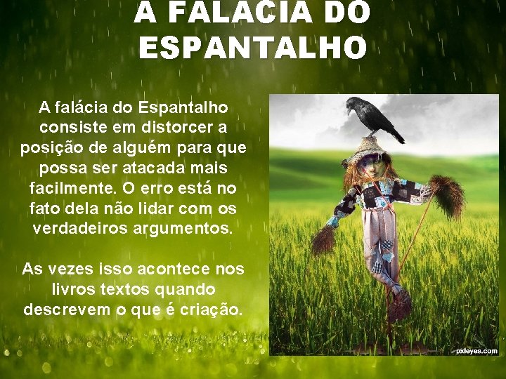 A FALÁCIA DO ESPANTALHO A falácia do Espantalho consiste em distorcer a posição de