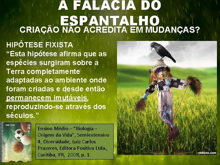 A FALÁCIA DO ESPANTALHO CRIAÇÃO NÃO ACREDITA EM MUDANÇAS? HIPÓTESE FIXISTA “Esta hipótese afirma