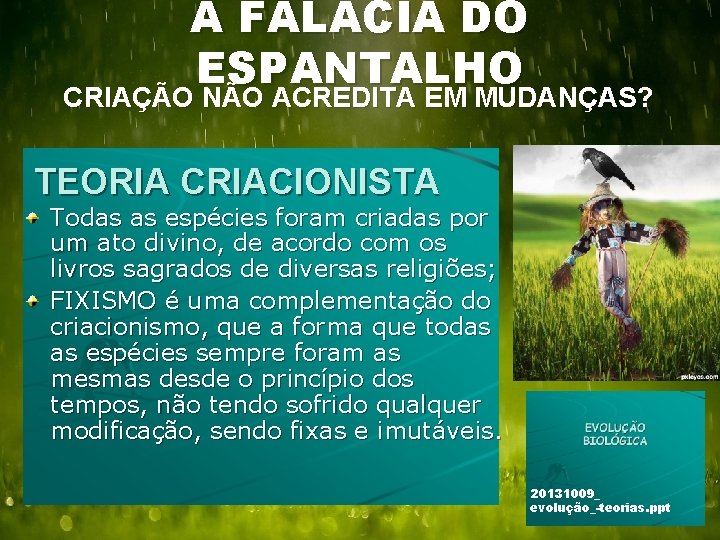 A FALÁCIA DO ESPANTALHO CRIAÇÃO NÃO ACREDITA EM MUDANÇAS? TEORIA CRIACIONISTA Todas as espécies