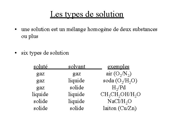 Les types de solution • une solution est un mélange homogène de deux substances Les types de solution • une solution est un mélange homogène de deux substances