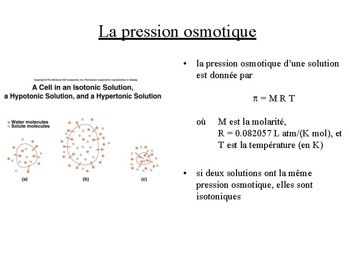 La pression osmotique • la pression osmotique d’une solution est donnée par =MRT où La pression osmotique • la pression osmotique d’une solution est donnée par =MRT où