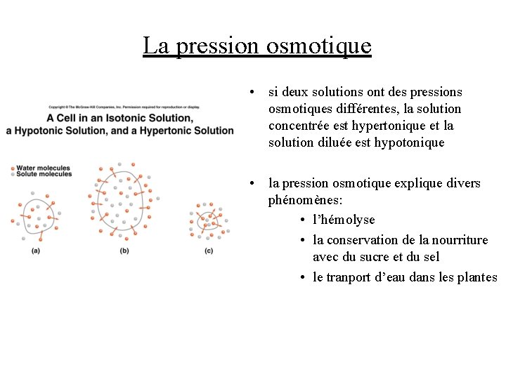 La pression osmotique • si deux solutions ont des pressions osmotiques différentes, la solution La pression osmotique • si deux solutions ont des pressions osmotiques différentes, la solution