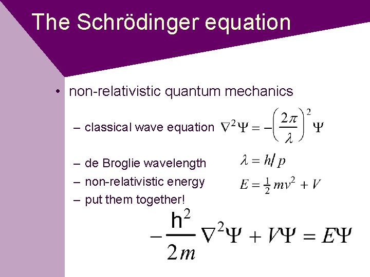 The Schrödinger equation • non-relativistic quantum mechanics – classical wave equation – de Broglie