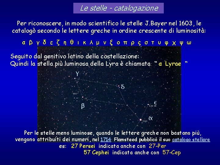 Le stelle - catalogazione Per riconoscere, in modo scientifico le stelle J. Bayer nel