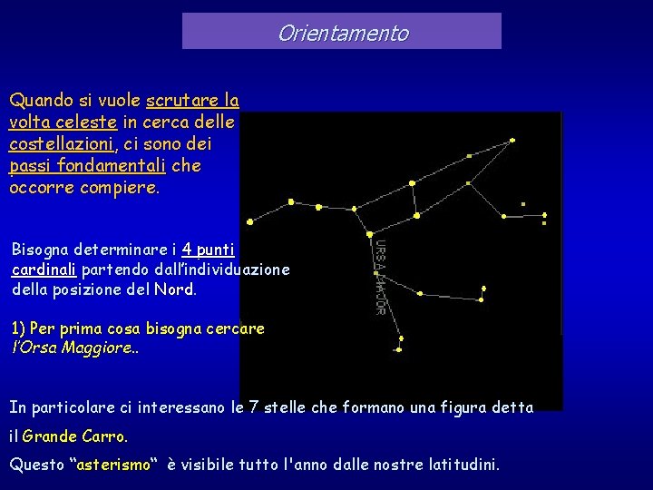 Orientamento Quando si vuole scrutare la volta celeste in cerca delle costellazioni, ci sono