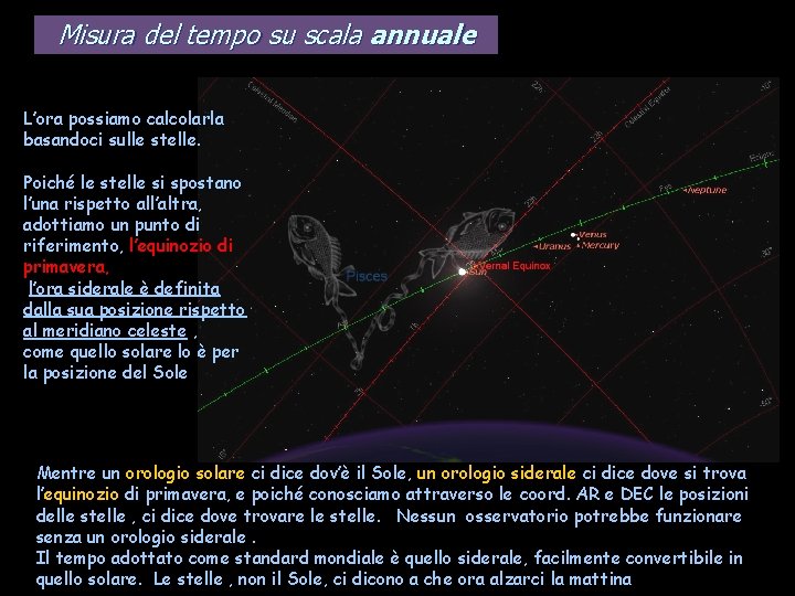 Misura del tempo su scala annuale L’ora possiamo calcolarla basandoci sulle stelle. Poiché le
