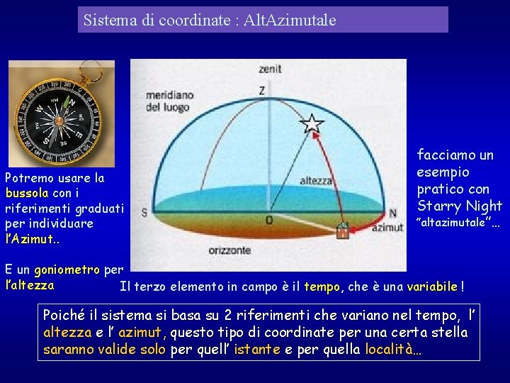 Sistema di coordinate : Alt. Azimutale Potremo usare la bussola con i riferimenti graduati