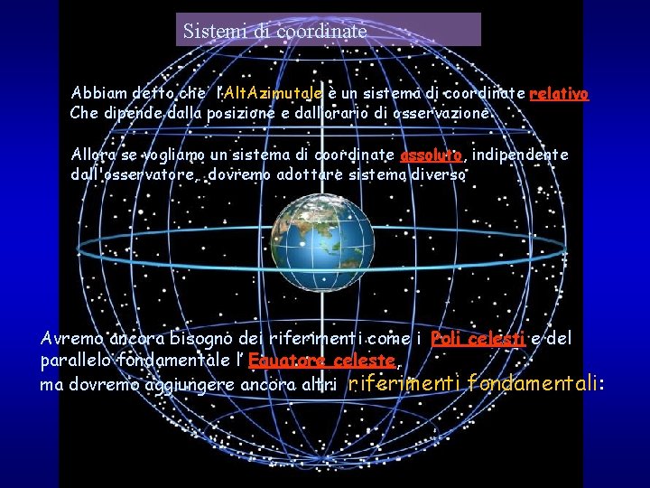 Sistemi di coordinate Abbiam detto che l’Alt. Azimutale è un sistema di coordinate relativo