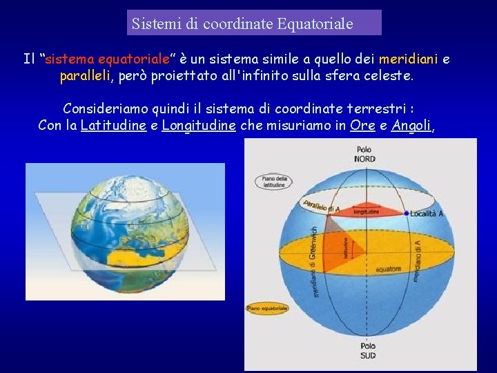 Sistemi di coordinate Equatoriale Il “sistema equatoriale” è un sistema simile a quello dei