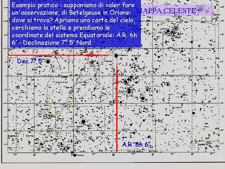 Esempio pratico : supponiamo di voler fare un'osservazione, di Betelgeuse in Orione: MAPPA dove