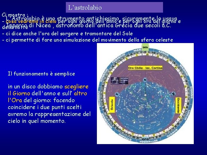 L’astrolabio Ci mostra : L'Astrolabio è cielo uno strumento antichissimo, lo giorno usava e