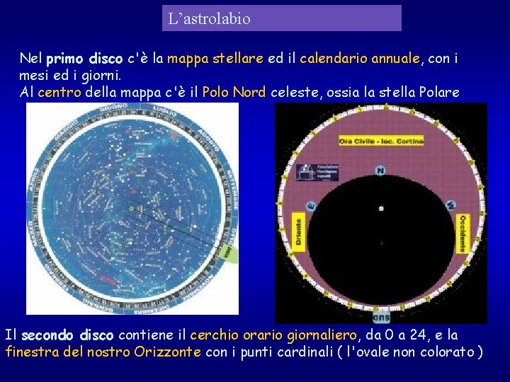 L’astrolabio Nel primo disco c'è la mappa stellare ed il calendario annuale, con i