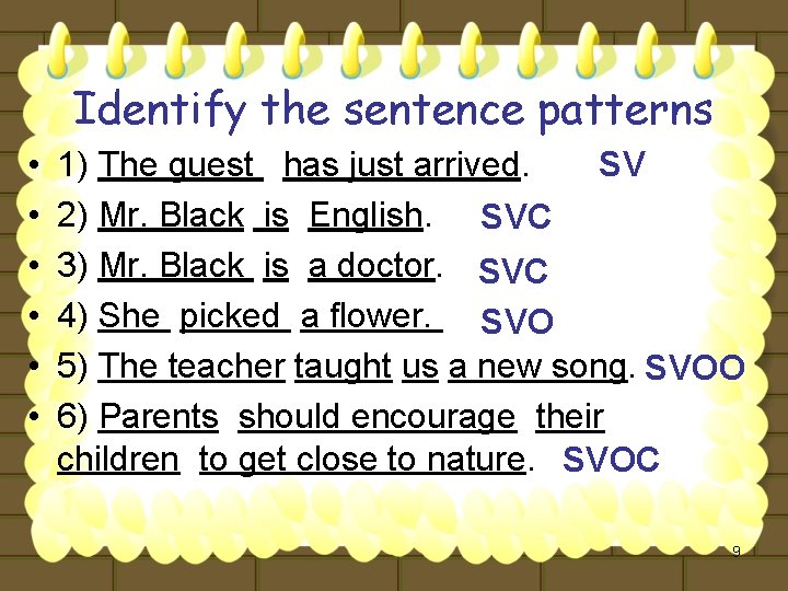 Identify the sentence patterns • • • 1) The guest has just arrived. SV