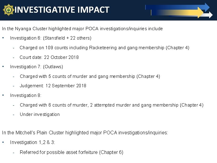 INVESTIGATIVE IMPACT 26 In the Nyanga Cluster highlighted major POCA investigations/inquiries include • •