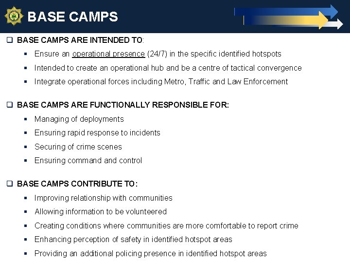 BASE CAMPS 6 q BASE CAMPS ARE INTENDED TO: § Ensure an operational presence