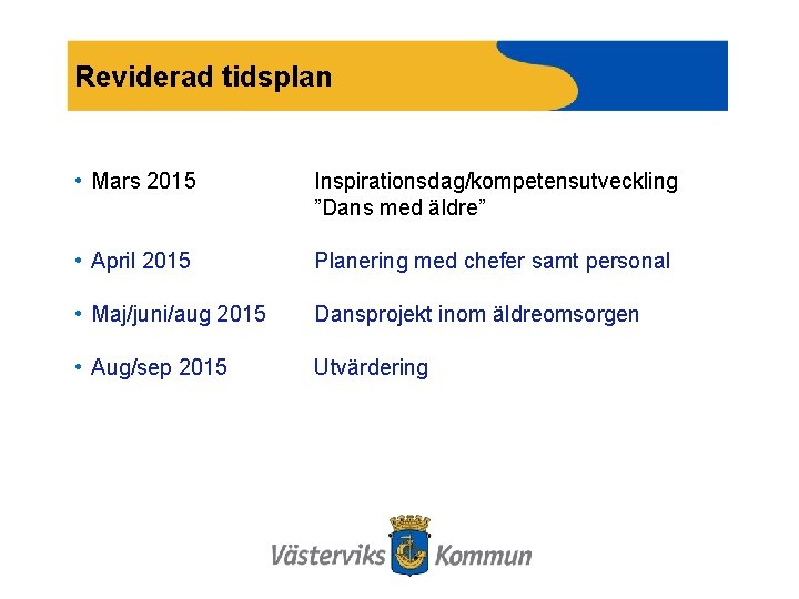 Reviderad tidsplan • Mars 2015 Inspirationsdag/kompetensutveckling ”Dans med äldre” • April 2015 Planering med