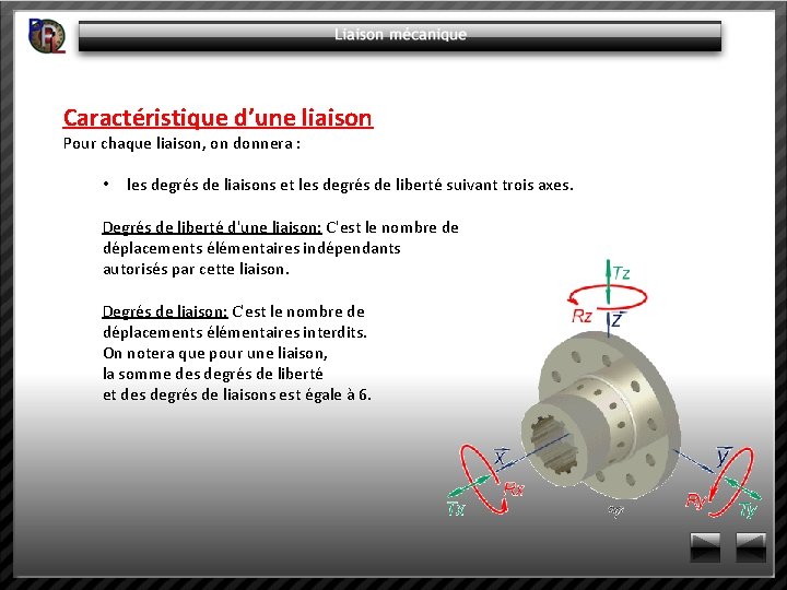 Caractéristique d’une liaison Pour chaque liaison, on donnera : • les degrés de liaisons