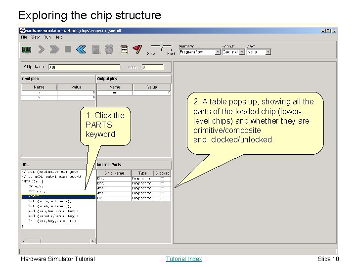 Exploring the chip structure 1. Click the PARTS keyword Hardware Simulator Tutorial 2. A