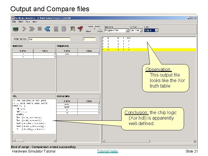Output and Compare files Observation: This output file looks like the Xor truth table