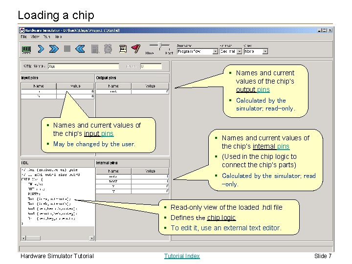 Loading a chip § Names and current values of the chip’s output pins §