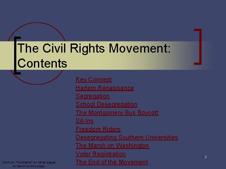 The Civil Rights Movement: Contents Click on “Contents” on other pages to return to