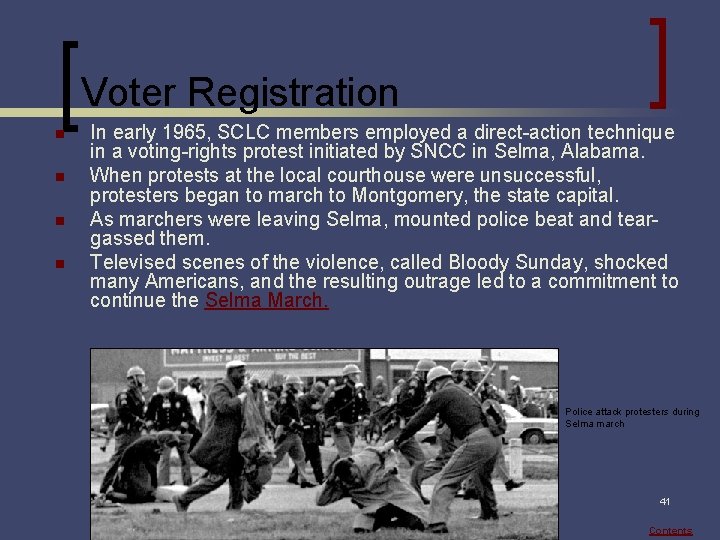 Voter Registration n n In early 1965, SCLC members employed a direct-action technique in