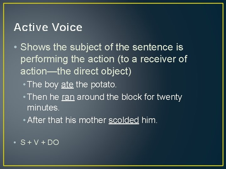 Active Voice • Shows the subject of the sentence is performing the action (to