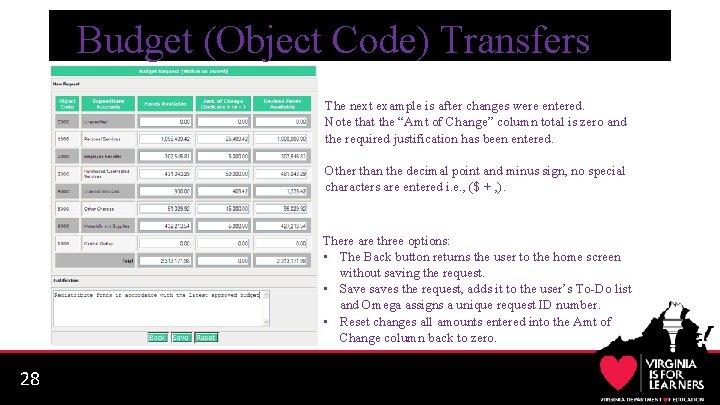 Budget (Object Code) Transfers The next example is after changes were entered. Note that