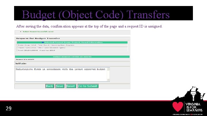 Budget (Object Code) Transfers After saving the data, confirmation appears at the top of