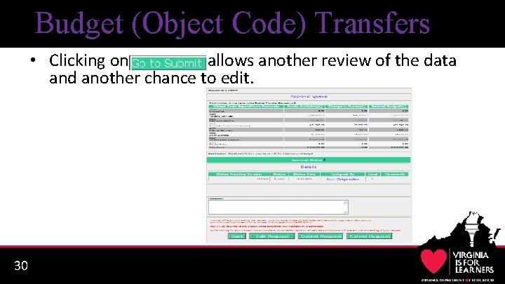 Budget (Object Code) Transfers • Clicking on allows another review of the data and