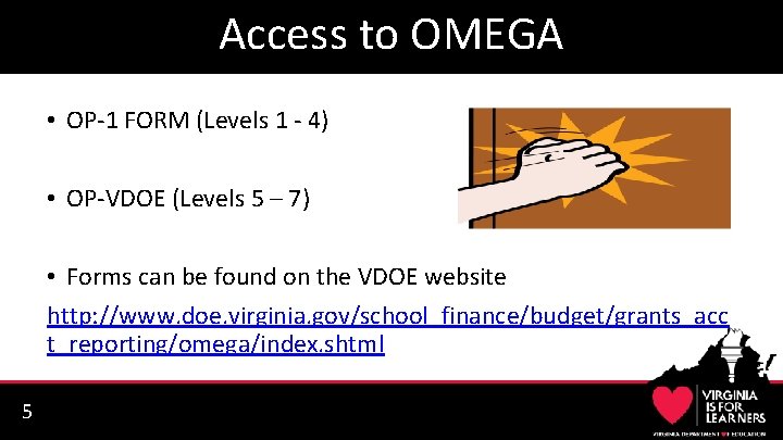 Access to OMEGA • OP-1 FORM (Levels 1 - 4) • OP-VDOE (Levels 5