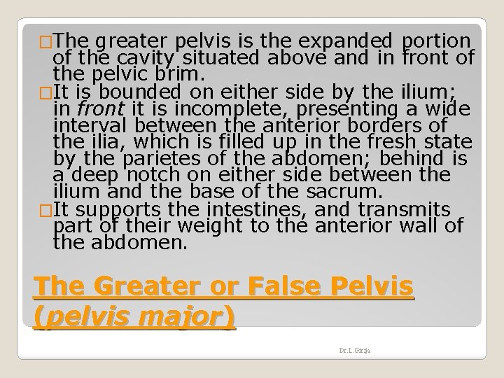 �The greater pelvis is the expanded portion of the cavity situated above and in