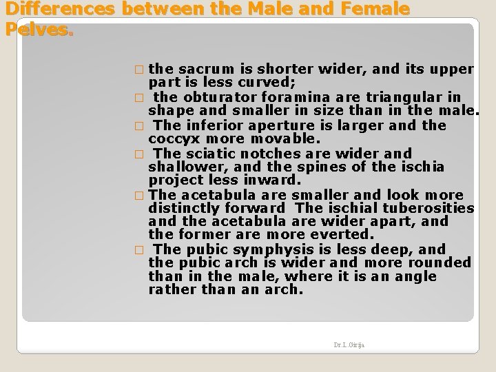 Differences between the Male and Female Pelves. � the sacrum is shorter wider, and