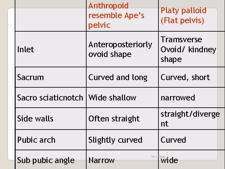 Anthropoid resemble Ape’s pelvic Platy palloid (Flat pelvis) Inlet Anteroposteriorly ovoid shape Tramsverse Ovoid/