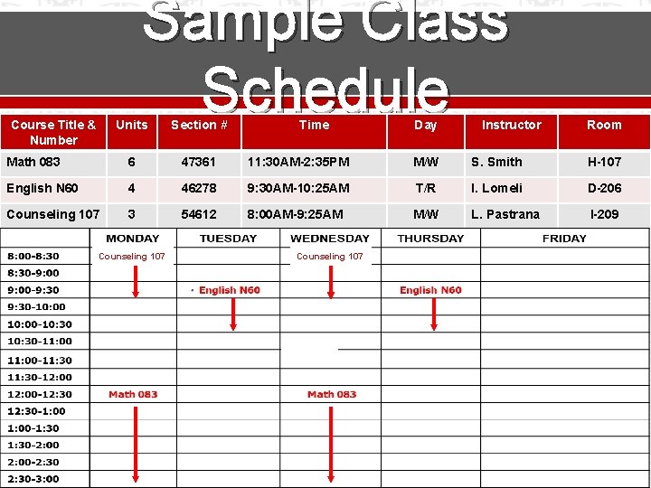 Sample Class Schedule Course Title & Number Units Section # Math 083 6 47361