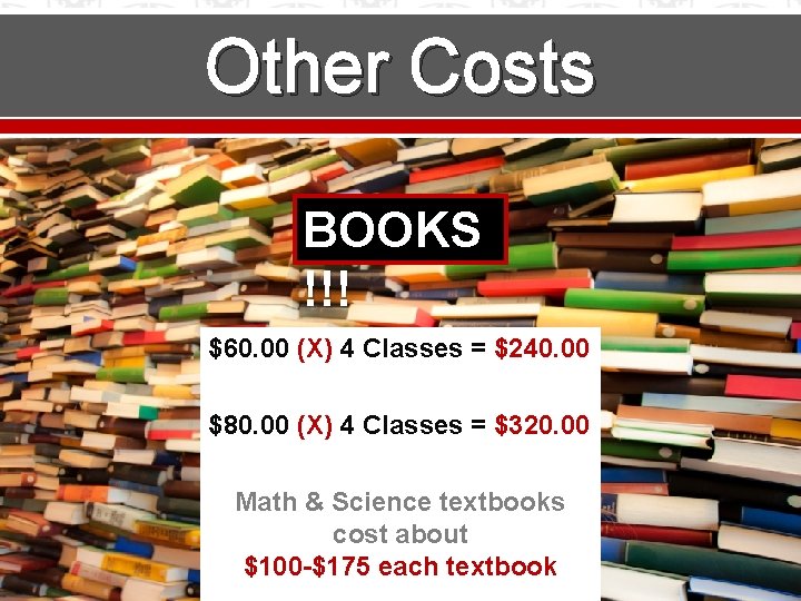 Other Costs BOOKS !!! $60. 00 (X) 4 Classes = $240. 00 $80. 00
