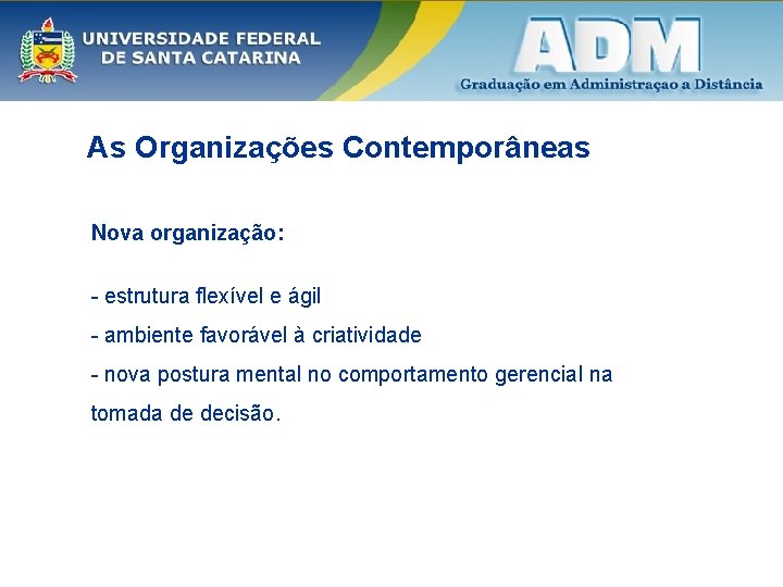 As Organizações Contemporâneas Nova organização: - estrutura flexível e ágil - ambiente favorável à
