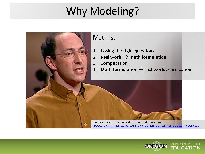 Why Modeling? Math is: 1. 2. 3. 4. Posing the right questions Real world