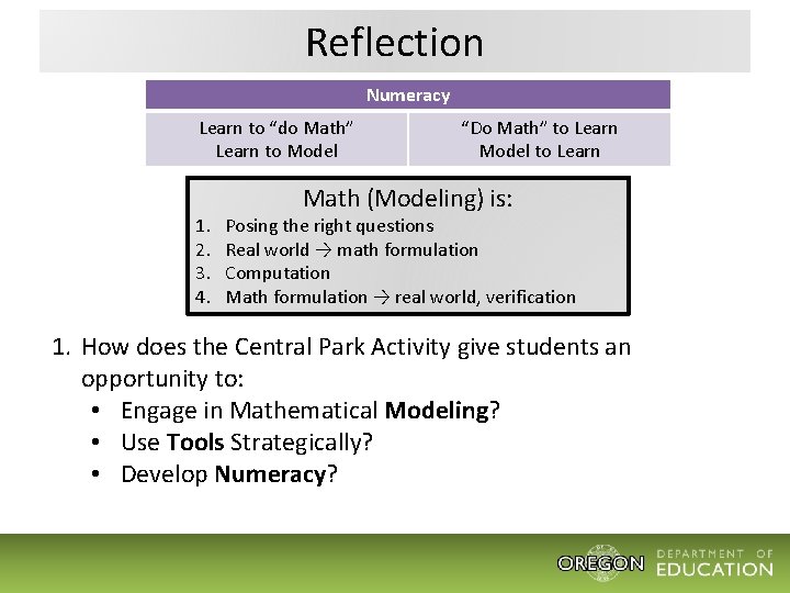 Reflection Numeracy Learn to “do Math” Learn to Model 1. 2. 3. 4. “Do