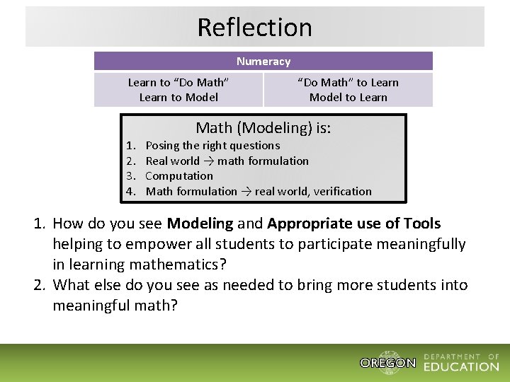 Reflection Numeracy Learn to “Do Math” Learn to Model 1. 2. 3. 4. “Do