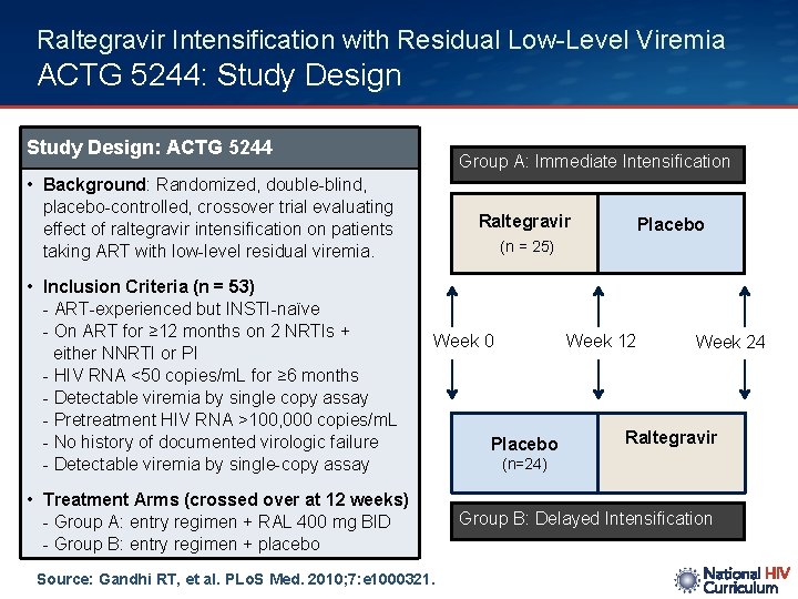 Raltegravir Intensification with Residual Low-Level Viremia ACTG 5244: Study Design: ACTG 5244 Group A: